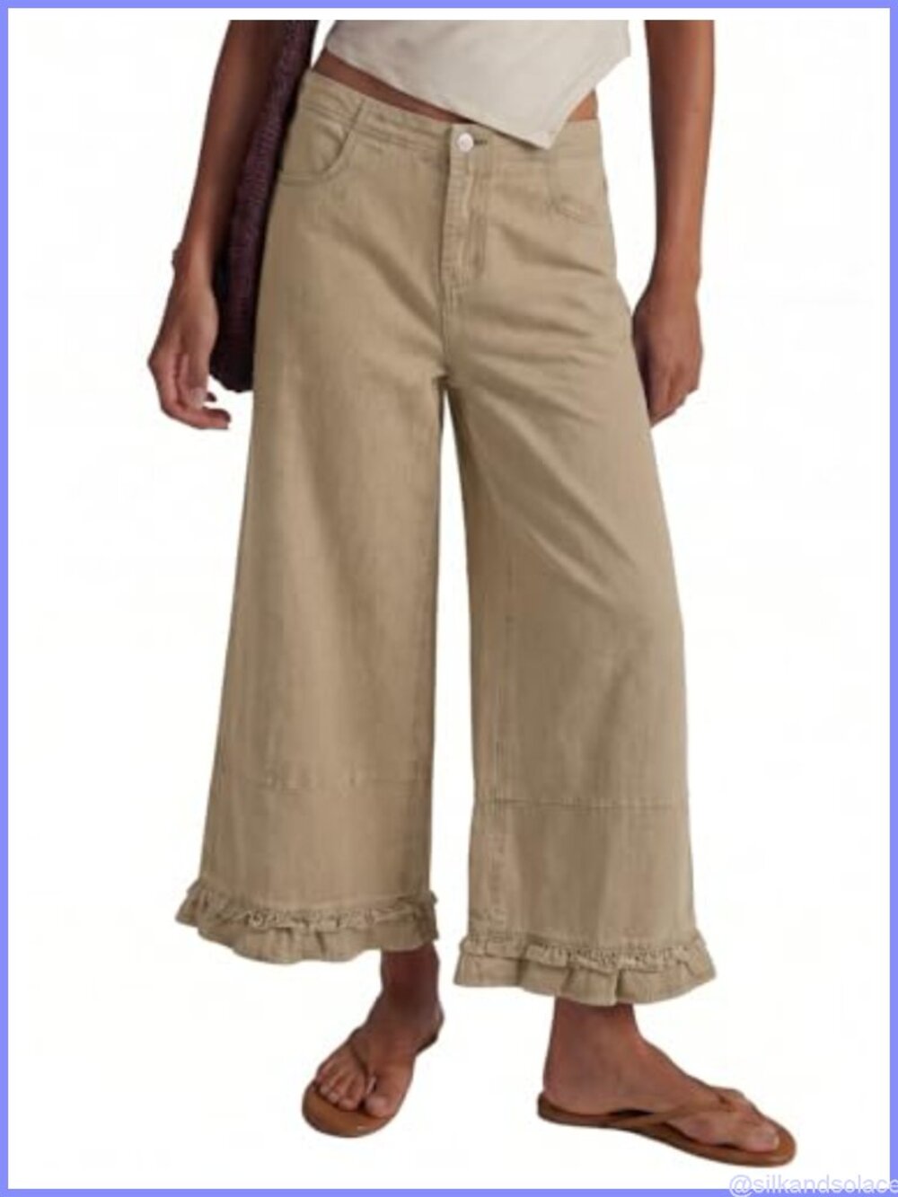 Womens Wide Leg Cropped Jeans 100% Cotton Ruffle Hem Denim Pants